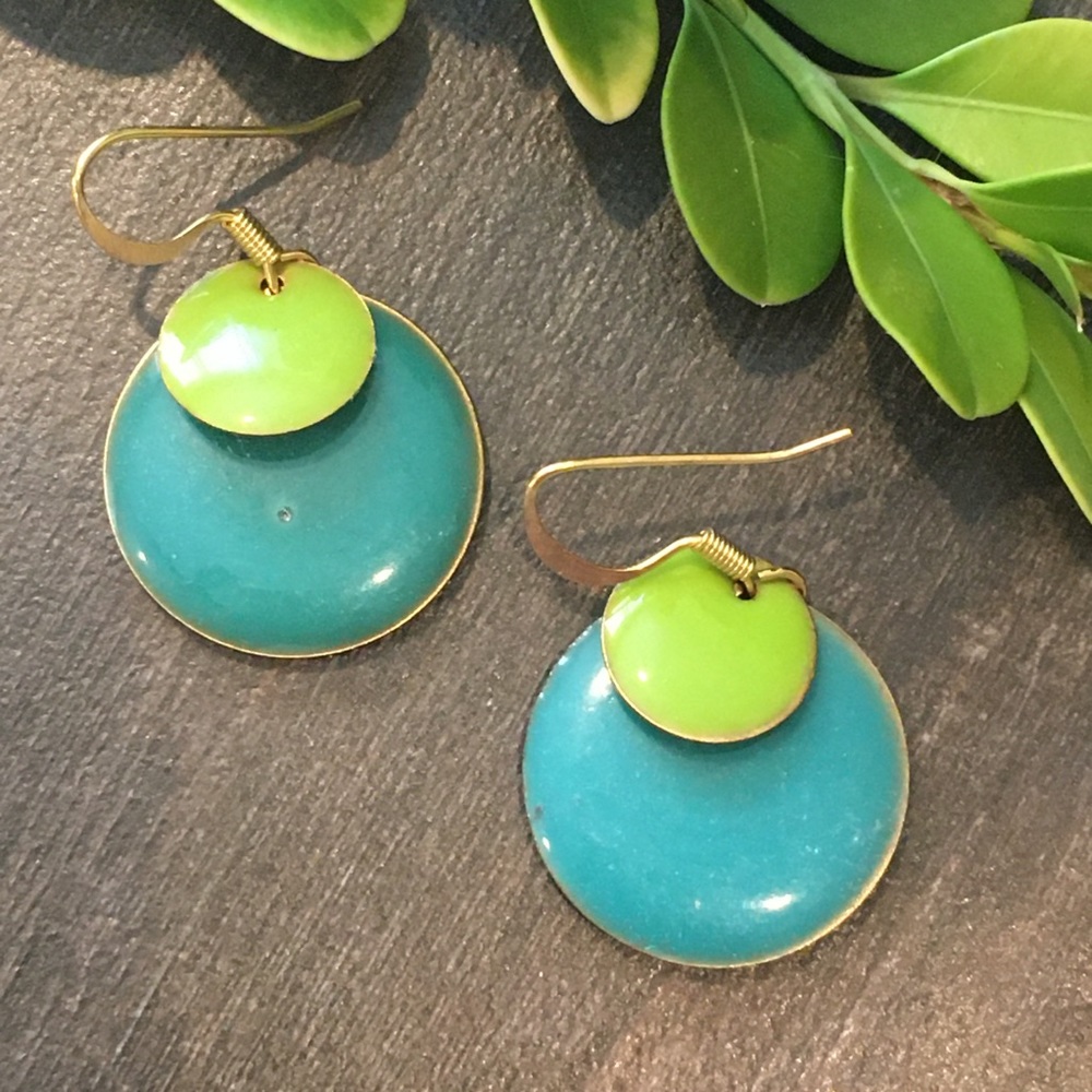 Teal and lime-colored enameled disc earrings